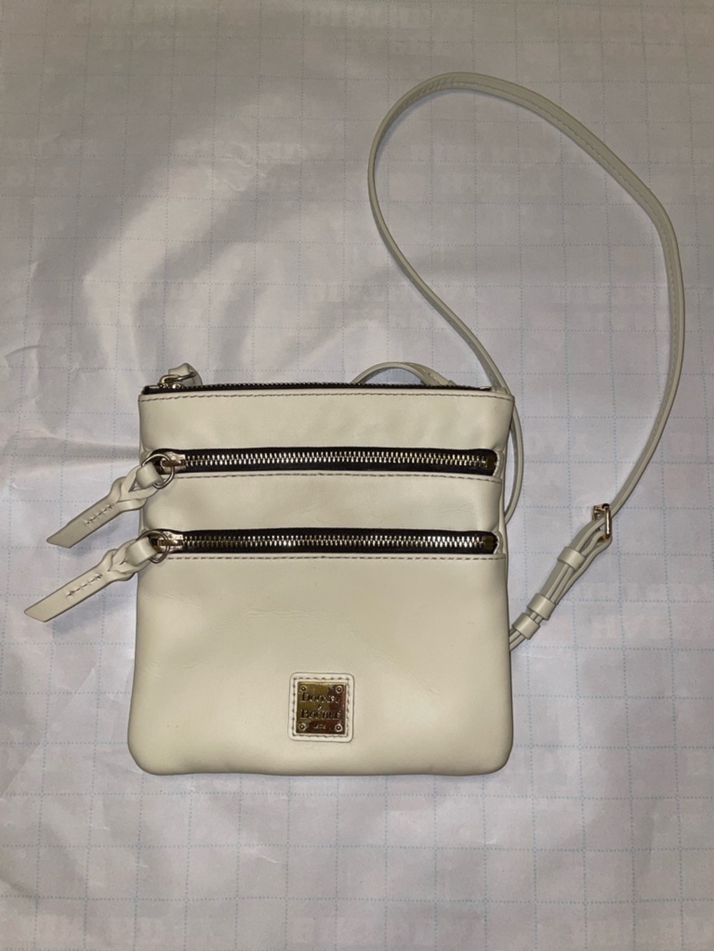 Dooney & Bourke Cream Leather Crossbody with Dual Zippers